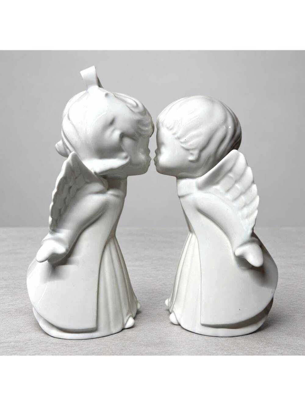 Vintage White Porcelain Kissing Angels Pair Figurine Violin Harp 1970s